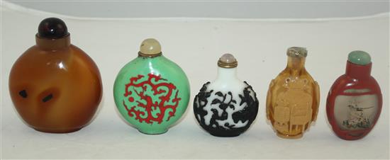 Five Chinese glass and enamel snuff bottles, late 19th / 20th century, 5.8cm - 8cm